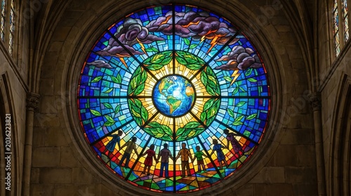 Climate Justice Crisis, Stained Glass Window Depicting Justice and Crisis