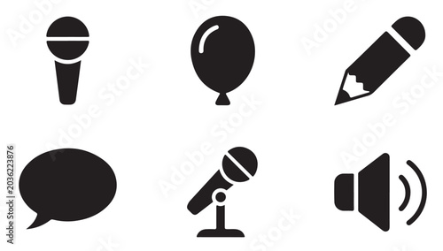 Flat design icons microphone balloon pencil speech bubble speaker and chat symbols.