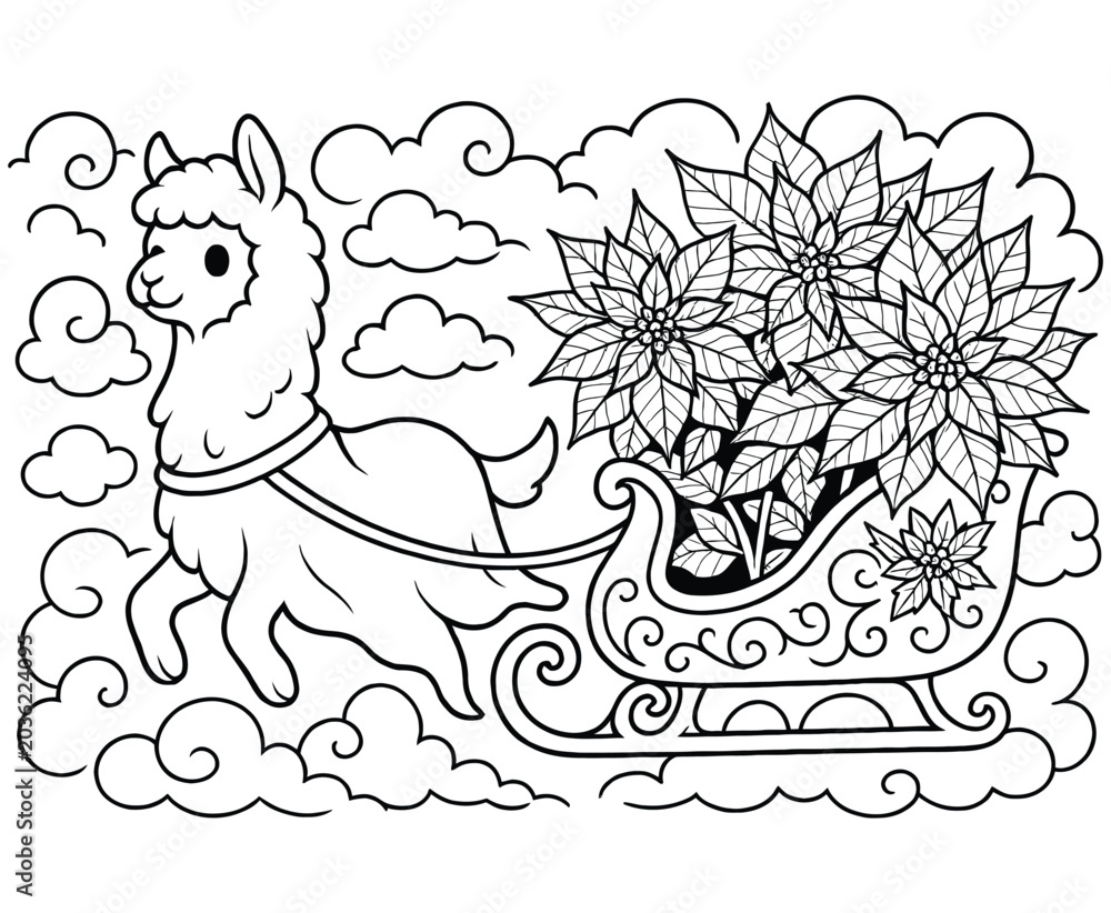 Obraz premium Flying llama pulling sleigh full of poinsettia flowers coloring book page design for kids.