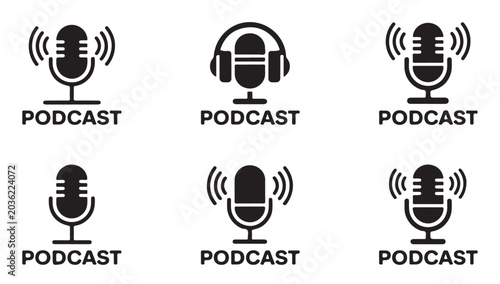 Podcast microphone and headphones logos with sound waves.
