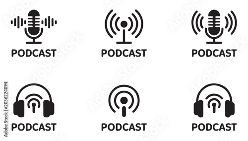 Podcast icons with microphones headphones and broadcast signals.