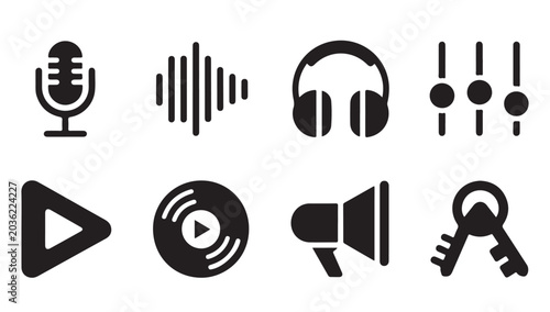 Foto Collection of audio and music production icons including microphone and headphones