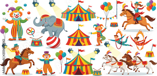Φωτογραφία Cute cartoon circus show elements vector set with vintage tents performers anima
