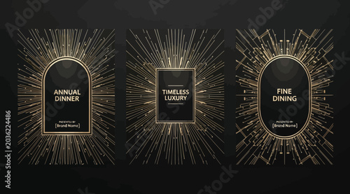 Set of luxury invitation card templates with and gold art deco sunburst patterns