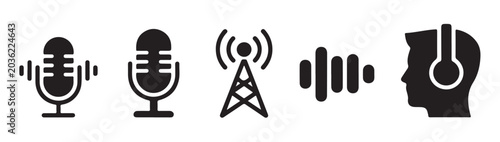 Set of five audio icons including microphones antenna sound wave and person with headphones.