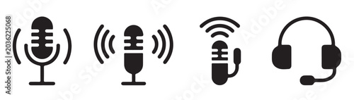 Microphone with sound waves icon, active broadcast symbol, flat vector illustration.