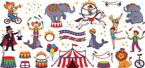 Foto Cute cartoon vintage circus collection vector set with carnival tents performers