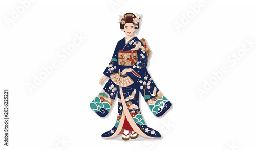 Fotografie Traditional Japanese kimono illustration with floral patterns and elegant cultur