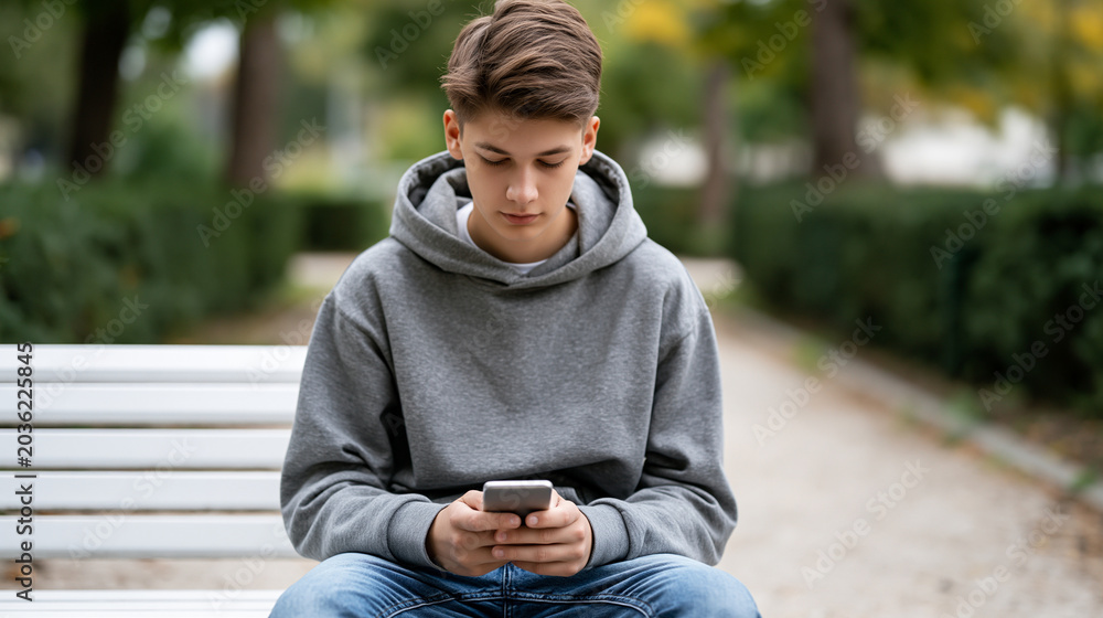Fototapeta premium Teenage boy wearing casual hoodie and jeans sitting on park bench, engrossed in smartphone, browsing social media, texting, or gaming outdoors