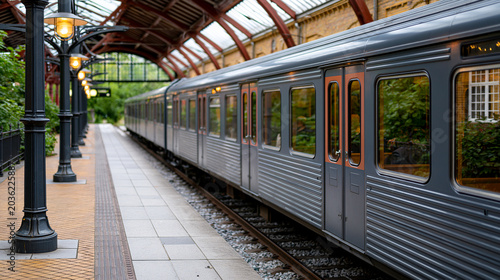 Train stopped at a station platform with vintage architecture and warm glowing lamps, creating an atmosphere of travel, public transit, and arrival at a destination
