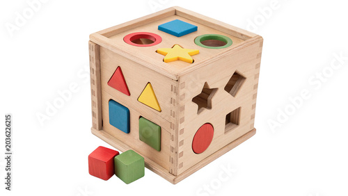 Tableau sur toile Traditional educational wooden shape sorter cube toy for children isolated on tr