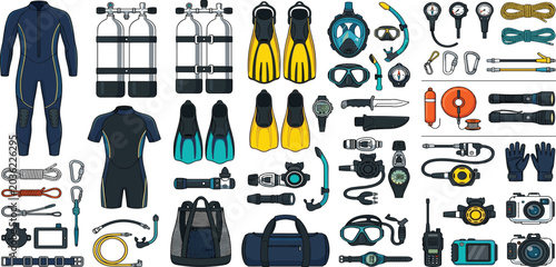 Obraz na płótnie Professional scuba diving equipment and gear vector icon collection featuring we