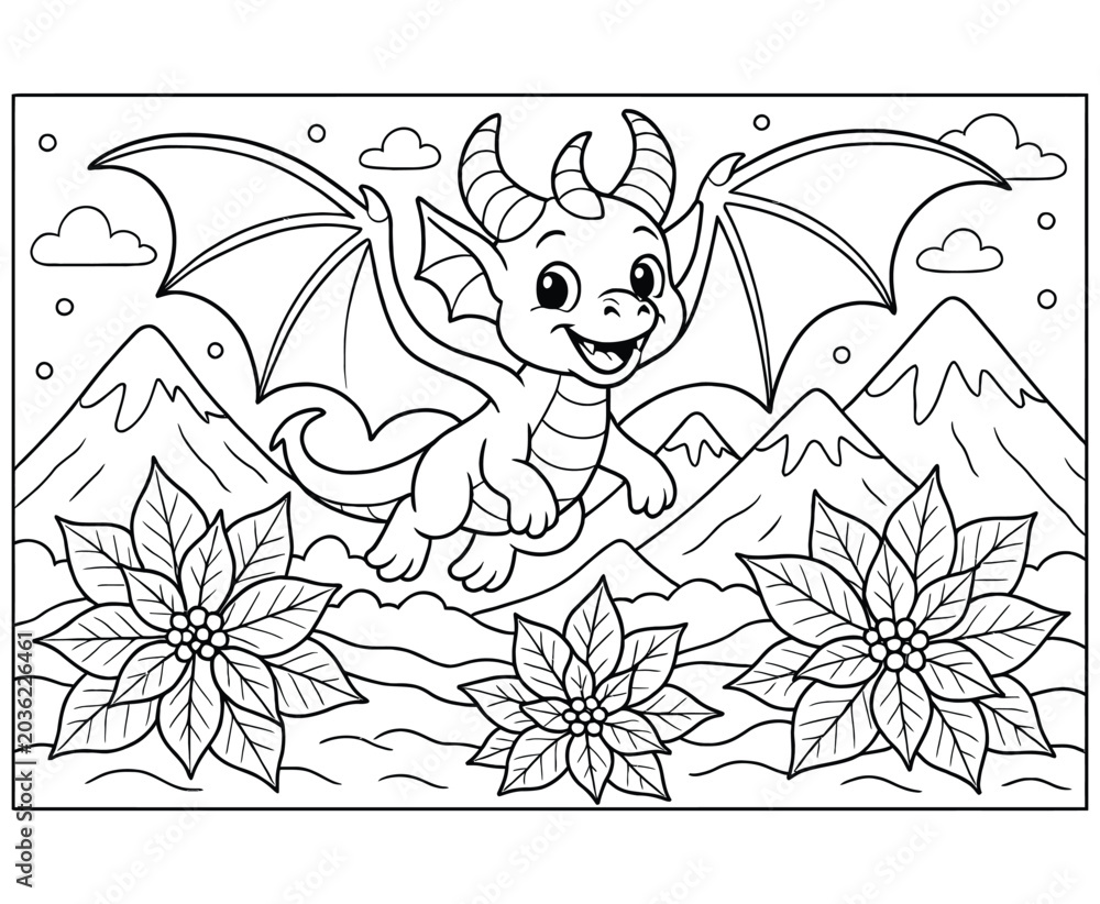 Fototapeta premium Cute dragon flying over poinsettia flowers with mountains in background coloring page.