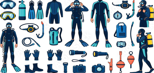 Bilde på lerret Scuba diving equipment vector illustration set featuring divers wetsuits mask fi