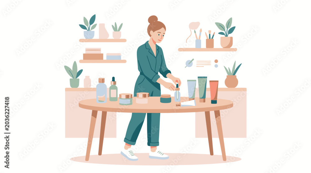 Fototapeta premium Female Entrepreneur Arranging Skincare Products in a Modern Beauty Studio.