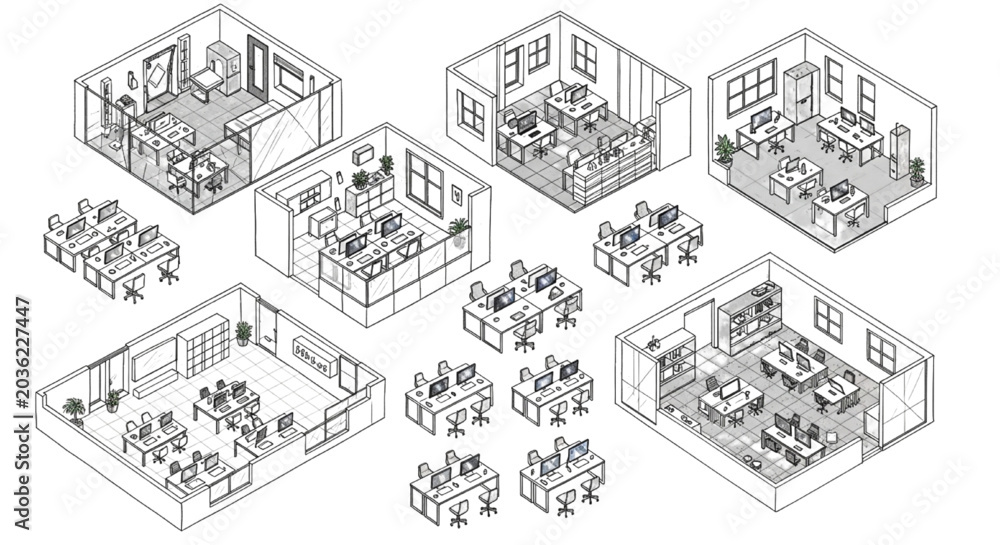 Fototapeta premium Technical Office Workspace Vector Pack with Isometric Interior Layout and Workstation Designs