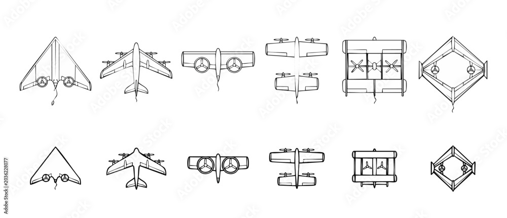 Obraz premium Drone vector line icons pack showing top view unmanned aerial vehicles for aerospace technology engineering, blueprint style aircraft and futuristic quadcopter designs on clean white background.