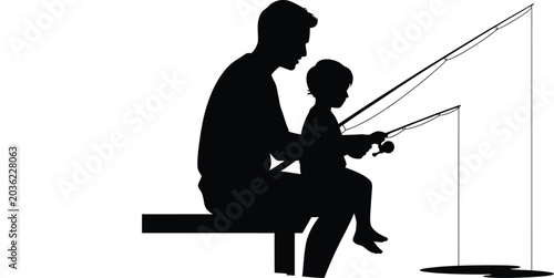 Father and Son Fishing Together Silhouette Illustration