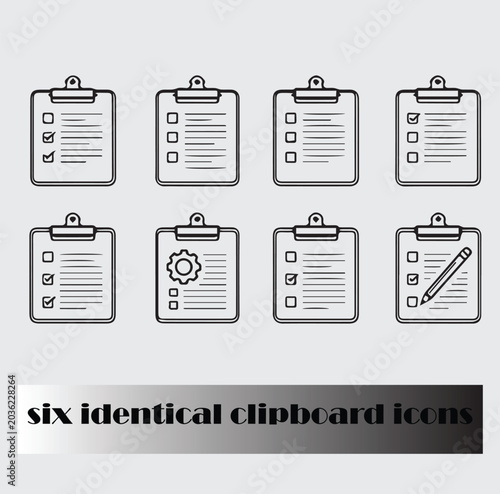 Clipboard icon set with eight variations including checklists, gear, and pencil symbols for productivity design