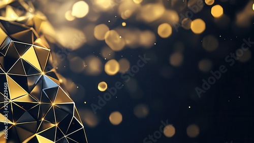 Black geometric polyhedron shapes with gold accents and sparkling dust creating luxury background a abstract