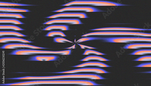 Abstract horizontal scanline pattern background with neon orange and blue spiral swirl vortex and grainy noise texture