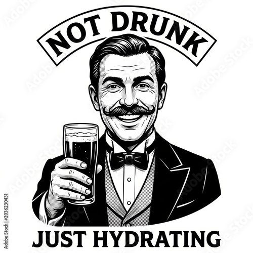 cheerful Victorian man holding a beer glass, with the slogan Not drunk, just hydrating. t-shirt apparel hoodie design design.