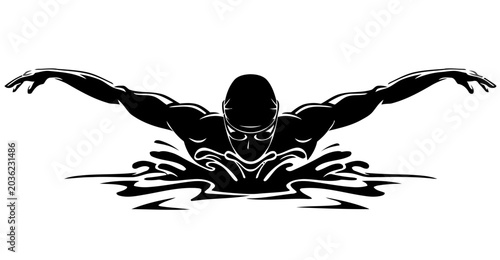 Swimmer performing butterfly stroke in silhouette, athletic motion