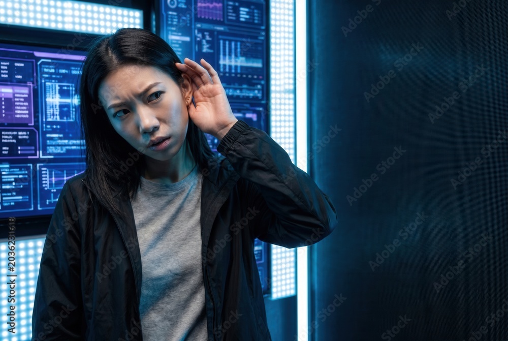 Fototapeta premium Woman focusing ears to catch sound, surrounded by glowing data screens in a tech environment