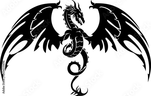 Tribal Dragon Silhouette with Spread Wings for Fantasy Design