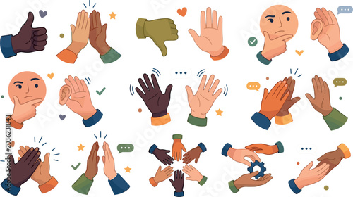 Canvas Print Diverse Hand Gestures Icon Set with High Five Clapping Thumbs Up Thumbs Down and