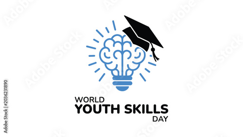 world youth skills day illustration with creative brain light bulb and graduation cap design, global education awareness concept vector artwork