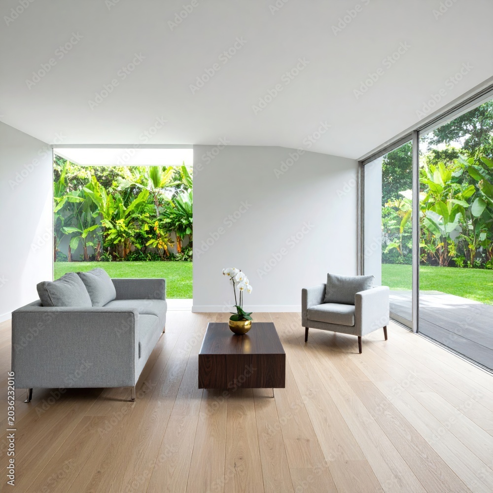Fototapeta premium Modern Living Room with Large Windows Overlooking Lush Green Garden.