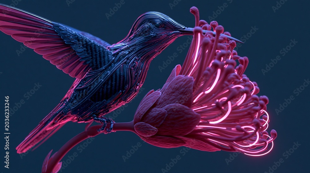 Fototapeta premium Mechanical cybernetic hummingbird hovering near a vibrant glowing pink flower under soft dramatic studio lighting