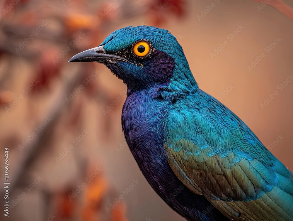 Obraz premium Vibrant blue bird with yellow eye.