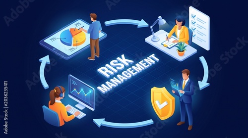 Risk management cycle isometric illustration with business professionals and