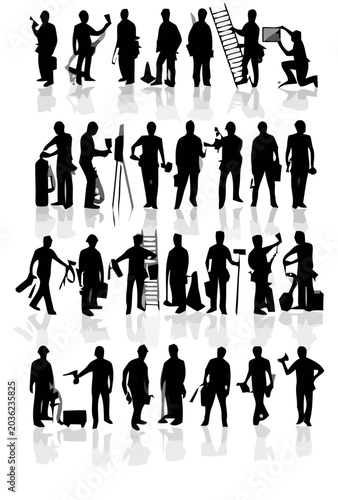 Construction workers silhouettes set with various tools and equipment