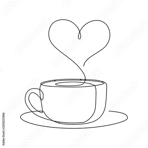 Continuous line art of a coffee cup with heart steam, romantic cafe