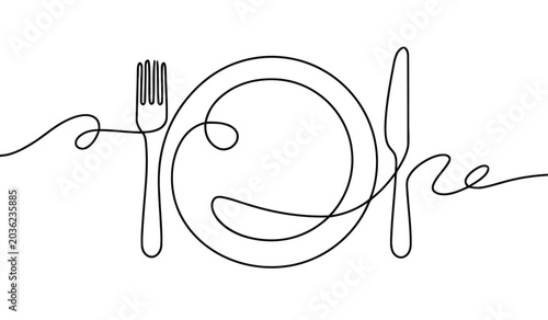 Continuous line art of fork knife and plate, minimalist dining concept
