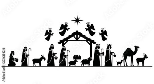 Fotografía Nativity Scene Silhouette with Wise Men and Angels Illustration