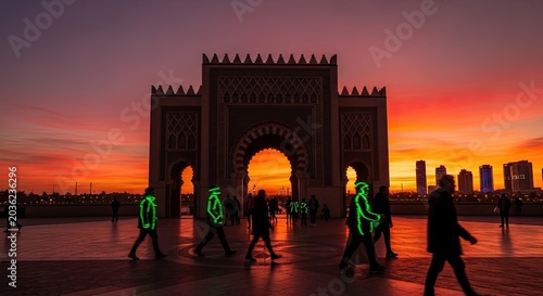 Silhouetted pedestrians walk past ornate archway during sunset