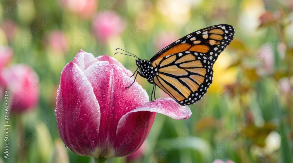 Obraz premium A monarch butterfly perches delicately on a vibrant pink tulip.