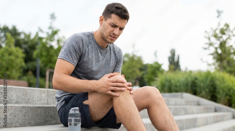 Obraz premium Fit man in sportswear clutching his aching knee on concrete stairs, suffering from a sudden injury or muscle strain during an outdoor workout