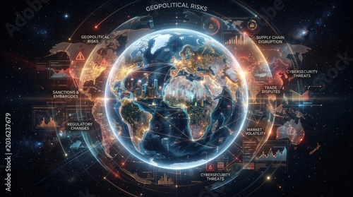 A digital illustration depicts a glowing, interconnected globe surrounded by holographic data streams and overlaid with various geopolitical risks.