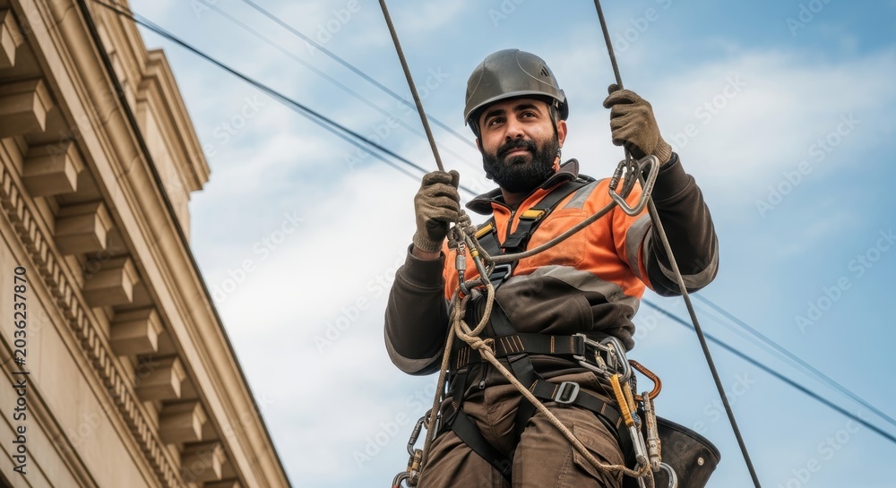 Fototapeta premium A professional climber in an orange safety vest ascends a building with ropes and harness equipment on a sunny day with a cloudy sky.