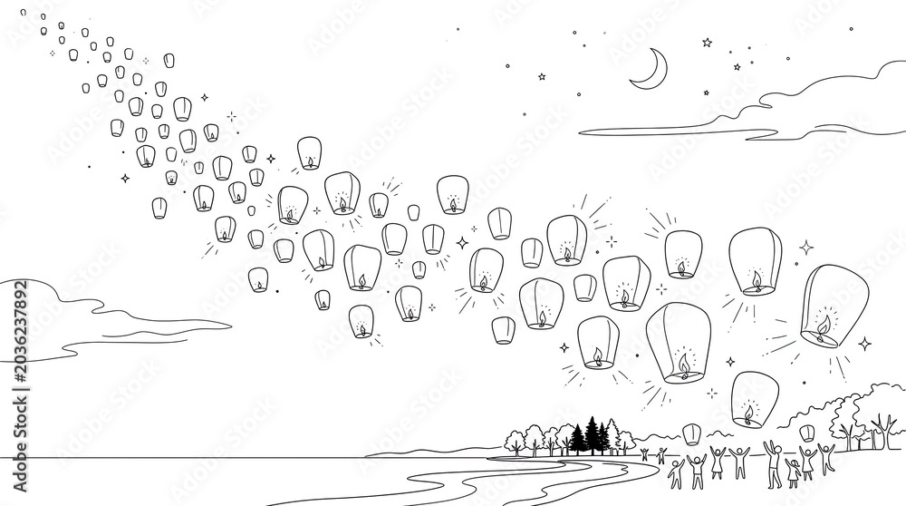Obraz premium Sky Lanterns Floating over River at Night