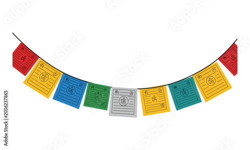 Foto Buddhist Prayer Flags Garland Hanging on White Background