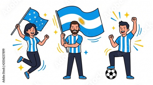 Group of cheerful cartoon soccer fans celebrating with Argentine flag and