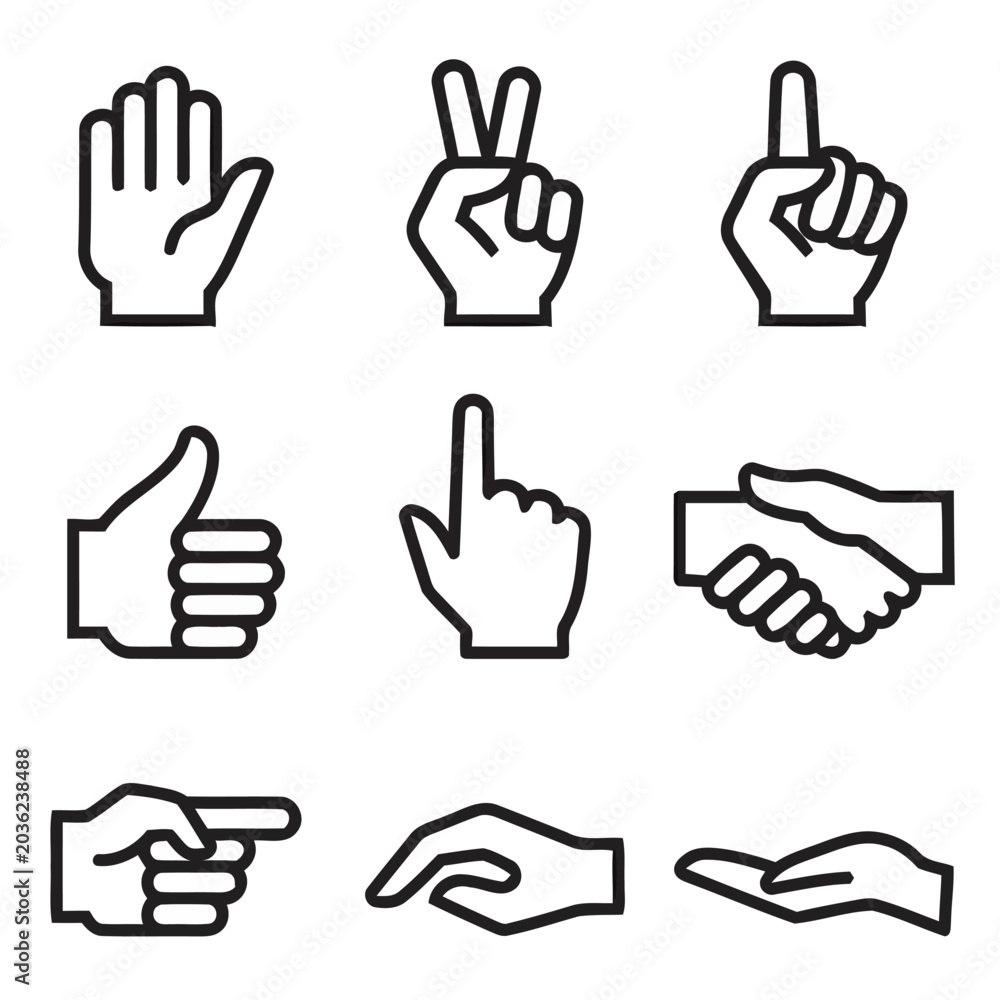 Fototapeta premium Hand Gestures Icon Set, Outline Style Hand Signs for Communication
