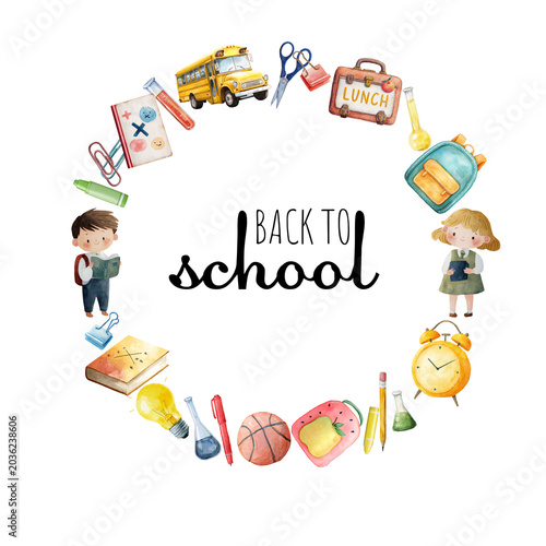 Back to School Watercolor Frame Illustration with School Supplies
