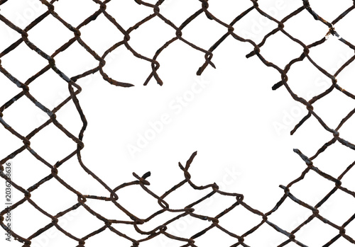 The texture of the metal mesh on a white background. Torn steel, metal mesh with holes